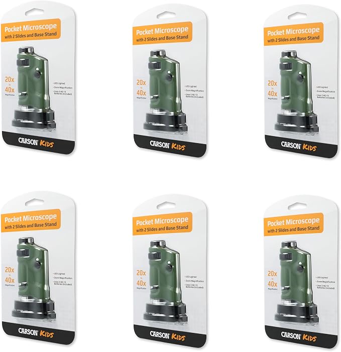 Carson MicroBrite 20x-40x LED Lighted Pocket Microscope for Learning, Education and Exploring - Set of 6 (MM-24MU)