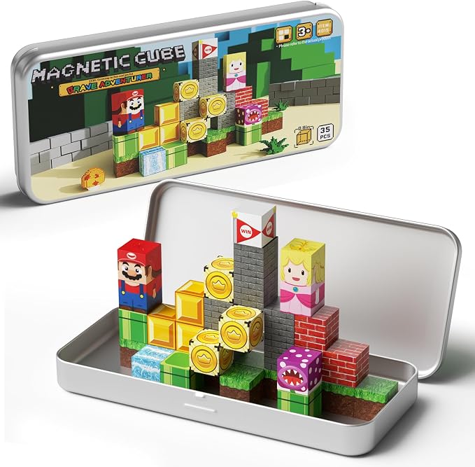 Magnetic Building Blocks Cubes for Kids: 35 PCS Travel Toys Ages 3-8 | Toddler Airplane Travel Activities Quiet Car Essentials - 35PCS Portable Stacking Bricks with Iron Storage Box for Boys Girls