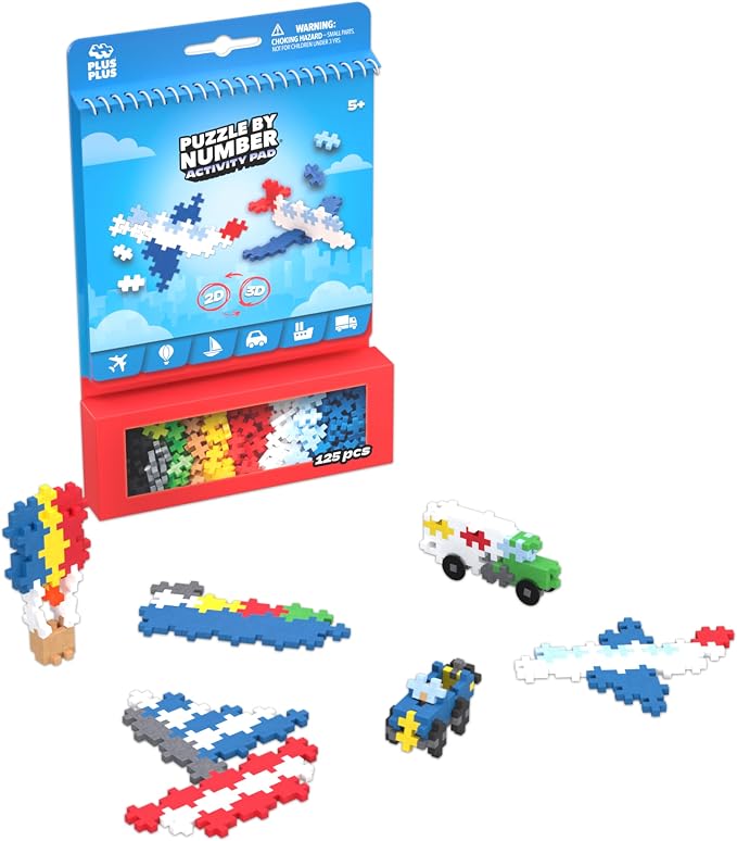 PLUS PLUS Puzzle By Number Activity Pad, Transportation - Building Blocks | Roadtrip Essentials for Kids, Interlocking Waffle Blocks, Stem Toy, Airplane Activities for Kids, Kid Car Ride Must Haves