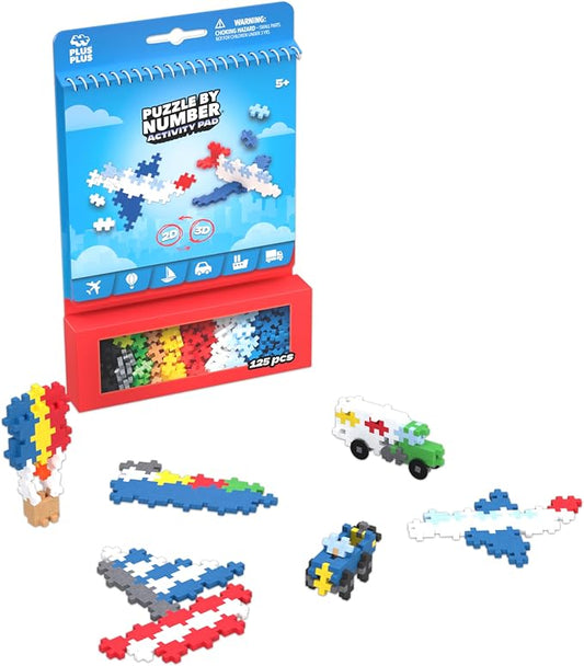 PLUS PLUS Puzzle By Number Activity Pad, Transportation - Building Blocks | Roadtrip Essentials for Kids, Interlocking Waffle Blocks, Stem Toy, Airplane Activities for Kids, Kid Car Ride Must Haves