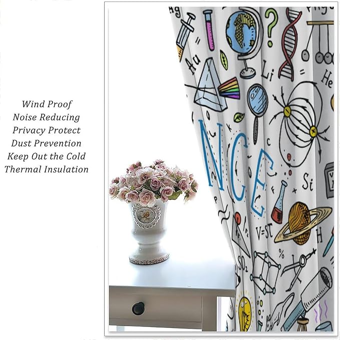 Science Symbols Kids Curtain Sketches Cartoon Chemistry Physics Geometry Education Pattern Print Window Drapes for Bedroom Living Room Kitchen Decor,2 Panel Set,72x63 Inch Blackout