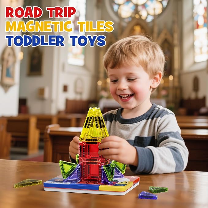 WMXDU Mini Magnetic Tiles with Iron Case, Kid's Travel Essential | Portable Creativity On-The-Go Magnet Blocks STEM Travel Toys for Toddler Boys Girls Ages 3+, 26-Piece