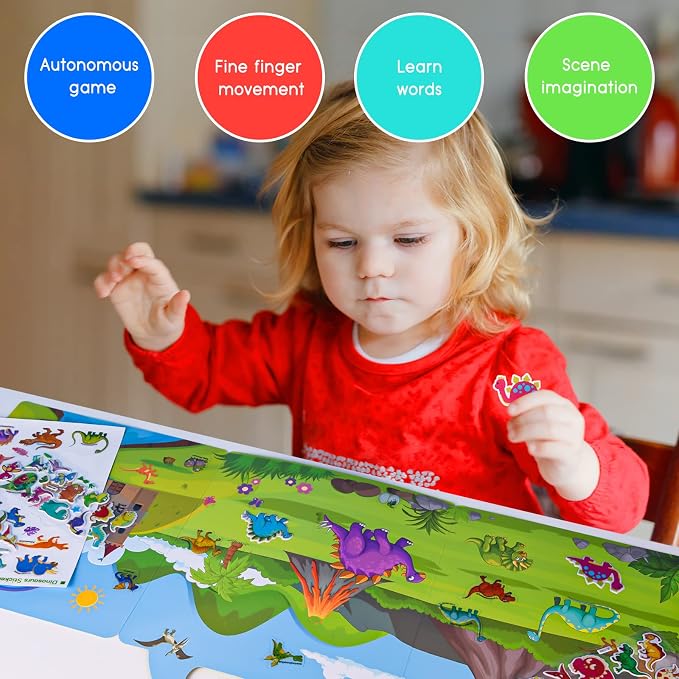 ASTARON Reusable Sticker Book for Toddlers, 88 Pcs Dinosaur Stickers Road Trip Activities Car Airplane Activities Travel Toys for Kids, Kids Quiet Time Activities (2-6 Age) | 88 pcs Reusable Sticker,Waterproof Jelly Stickers, Portable Travel Toys,Educa...