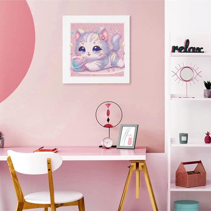 Gemozaic Cat Diamond Art Kits for Kids Ages 8-12 with Frame, 7 x 7 Inch | Cute Kitten Diamond Art for Kids 10 Year Old, DIY Easy Kid Big Gem Painting, Animal Arts and Crafts for Girl Birthday Gift