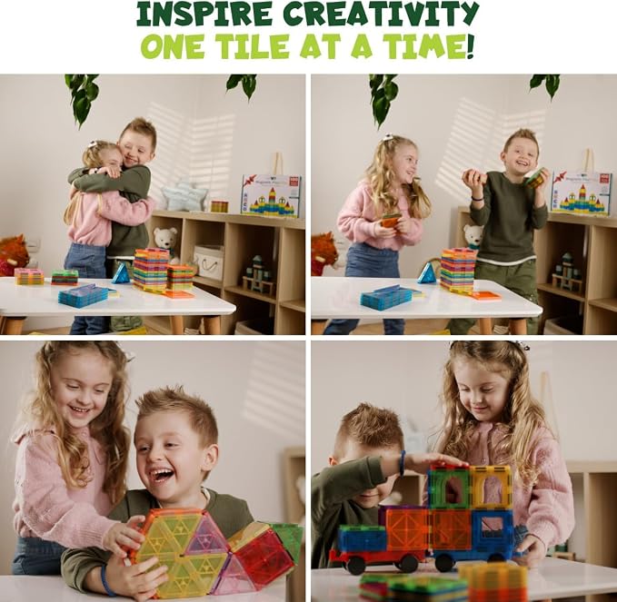 Magnetic Tiles Set 180 PCS with 2 Cars Bases, STEM Educational Magnet Toys for Kids Ages 3-12, Magnetics for Kids & Preschool, Creative Magnetic Building Toys for Boys & Girls
