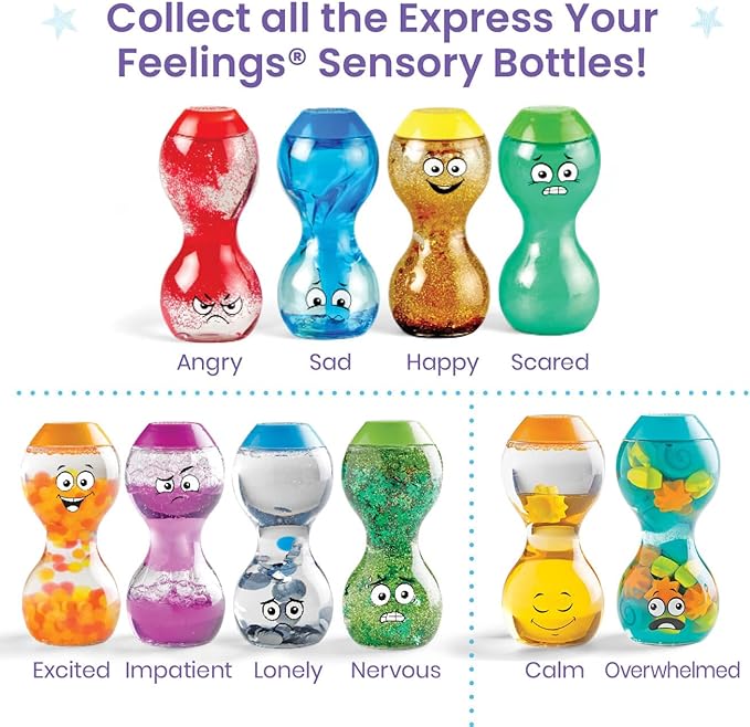 hand2mind Express Your Feelings Sensory Bottles-Primary Emotions | Toddler Sensory Toys, Quiet Fidgets for Classroom, Calm Down Corner Supplies, Social Emotional Learning, Mindfulness for Kids