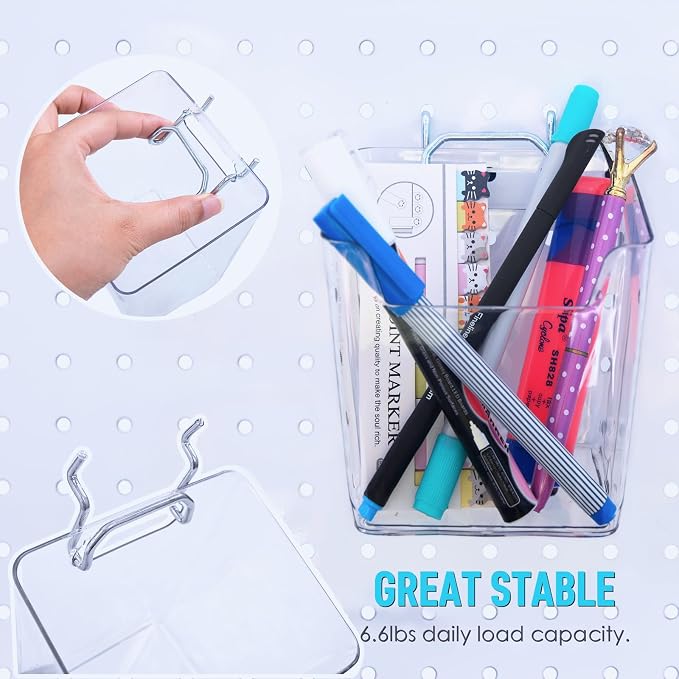 Clear Large Pegboard Cups, 6Pack Peg Board Square Storage Bins With Hooks | Big Open-Mouth Cups, 1/8" 1/4" Pegboard Organizer Accessories, Cup Holder for Craft Garage Workbench Office Tools Supplies