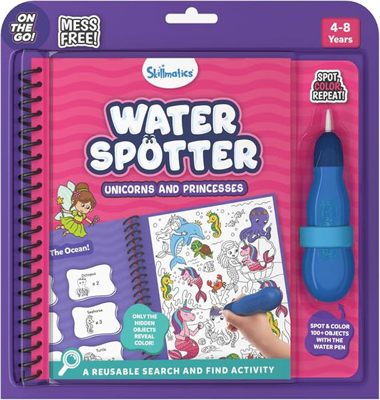 Skillmatics Water Spotter Unicorns & Princesses, Travel Toy, Activity Book | Paint with Water Kit, Kindergarten Coloring Book, Screen-Free Fun, Mess-Free, Gift for Kids, Boys & Girls Ages 4, 5, 6, 7, 8