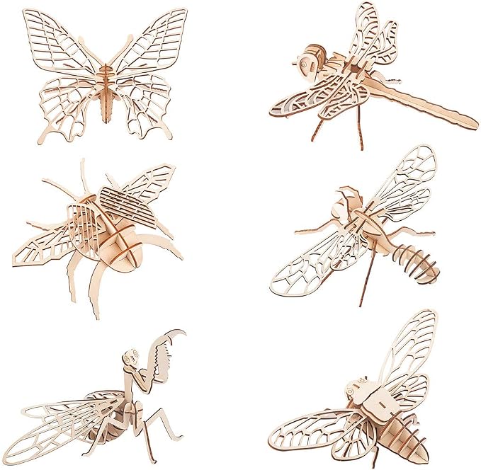 3D Wooden Insect Puzzle - 6 Piece Set Insect Animal Skeleton Assembly Model Puzzle - DIY Wooden Crafts 3D Puzzle - Wood STEM Gifts for Adults & Teens Birthday Gifts Christmas