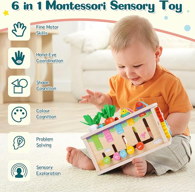 Ancaixin 6-in-1 Montessori Tissue Box Toy for 6+ Months Baby, Activity Cube | Wooden Puzzles 12-18 Months, Perfect 1 Year Old Girl Boy Gifts, Sensory Toys for Toddlers 1-3, Baby 1st Birthday Gift