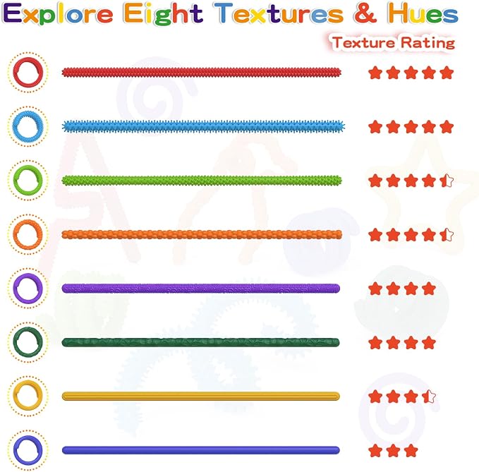 Tactile Sensory Toys Autism, 8PCS Stress Fidget Toys for Anxiety Relief | 8 Colors and 8 Textures, Stretchy Noodles for Classroom Travel