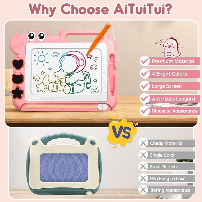 AiTuiTui Dinosaur Magnetic Drawing Board for Toddlers Ages 2-4, Pink | Doodle Board Toddler Toys, Educational Learning Kids Gift for 3 4 Year Old Girls, Color Sketch Writing Pad Travel Games