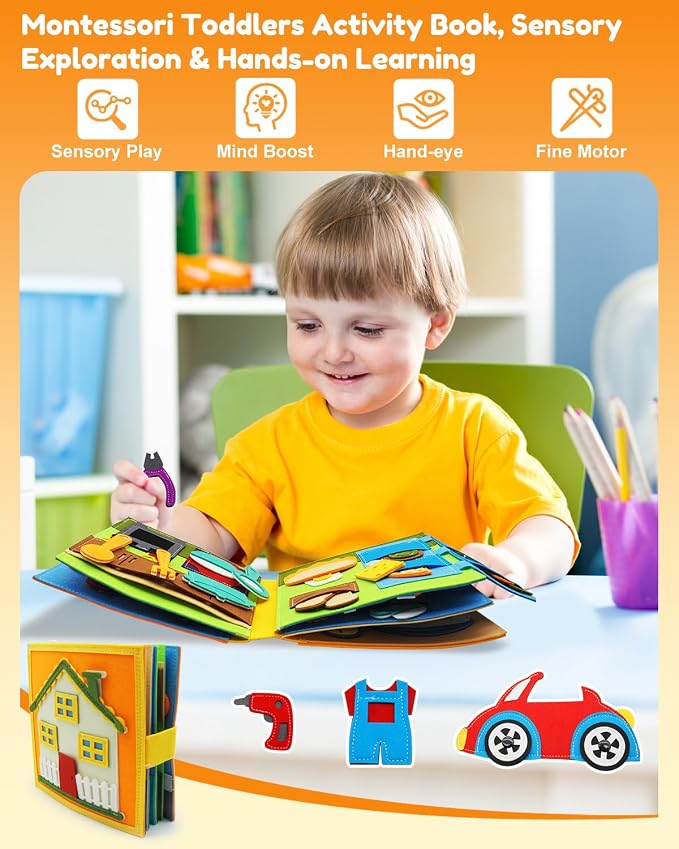 Busy Book for Toddlers 1-3, Montessori Busy Board for 1 Year Old | Felt Activity Books for 1+ year old, Airplane Car Travel Toy, Quiet Books, Kids Ages 2-4 Preschool Educational Learning Gifts