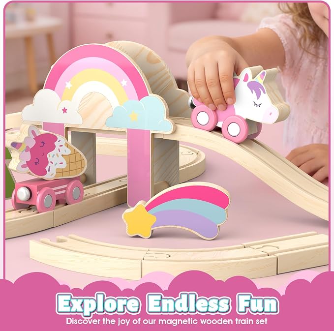 Lehoo Castle Wooden Train Set for Girls, Pink Unicorn Train Set | Princess and Castle Pieces for Imaginative Play, Compatible with Most Wooden Train Tracks, Birthday Gift for Girls