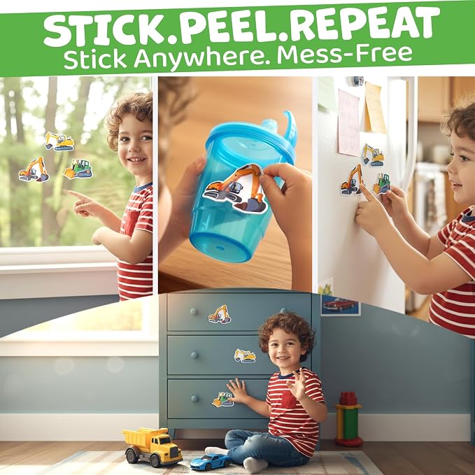 Reusable Sticker Book for Toddlers – Vehicles & Construction, 3 Sheets Washable Car Truck Jelly Stickers, 9 Play Scenes Sticker Activity Book for Kids, Road Trip Travel Toys