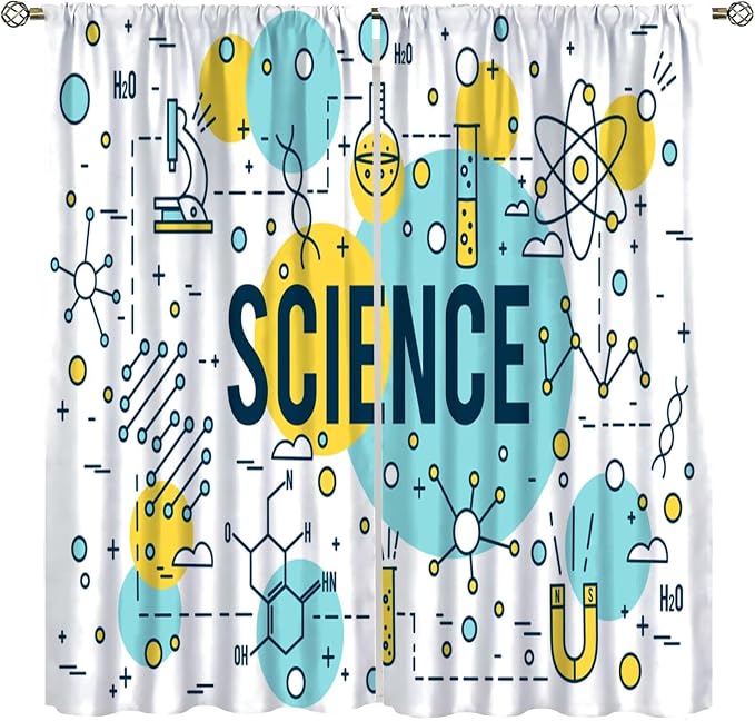Science Window Curtains, Chemistry Chemical Science Pharmacy Research Room Darkening Door Window Rod Pocket Curtain for Girls Boys Kids Bedroom Study Room Classroom Set 2 Panels,52x84 Inches