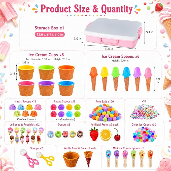 Cinrobiye 234 Pcs Ice Cream Sensory Bin Fillers Summer Sweet Treat Dessert Sensory Bin Items Filler Fine Set with Tools Storage Box Pompoms for School Home Activities Sorting Counting Decor