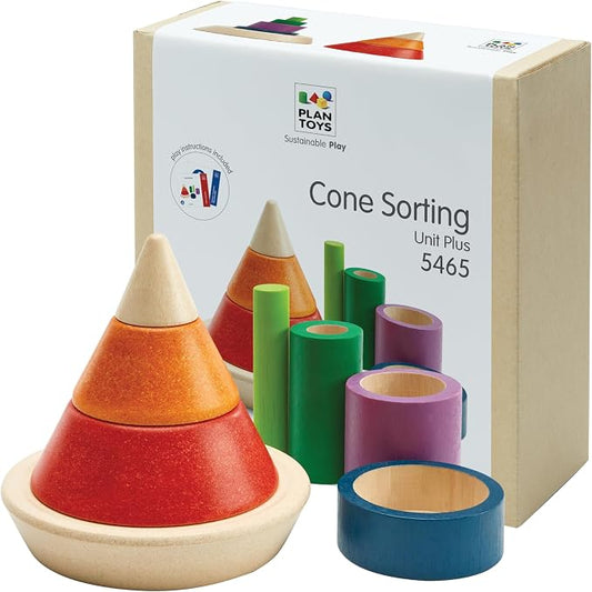 PlanToys® Cone Sorting Wooden Toy Set for Kids Ages 3+ Montessori Activity | cone sorting set, montessori colour size recognition, fine motor skill logic focus, ages 3+ educational wooden toy, preschool