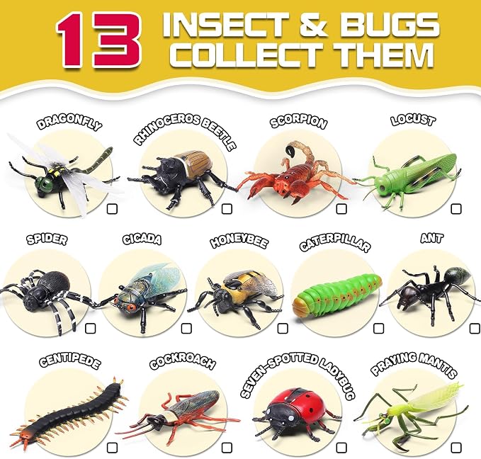 13 Pcs Realistic Insect Toys with Education Booklet and Gift Box, Fake Bugs | Plastic Bugs for Halloween, Party Decoration, Sensory Bin, Creepy Crawlers Toys for Toddler Boys Girls Age 3-5 5-7