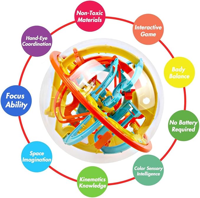 3D Maze Ball, 7.1in Labyrinth Puzzle Ball with 100 Obstacles | Brain Teaser Game, 100 Challenges, Educational Toy, Interactive Maze Sphere Game