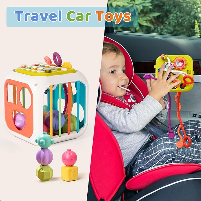 MINGKIDS 7 in1 Baby Sensory Montessori Activity Cube Toys, Shape Sorter Early Learning Toys,Developmental Infant Birthday Gifts for Toddler Age 1 2 3