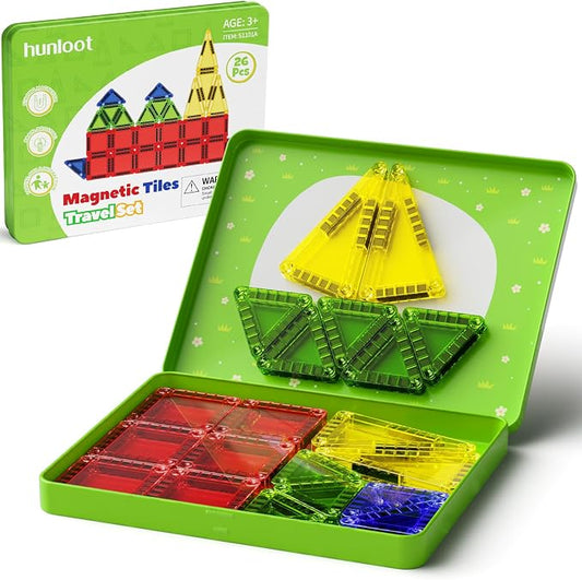 Mini Magnetic Tiles Travel Toys: 26PCS Set,Iron Storage Box,Car Activities | Portable Mini Building Blocks, Case Opens Into 9.4-Inch Play Board, Airplane, Road Trip & Outdoor Play for Toddlers Ages 3-8