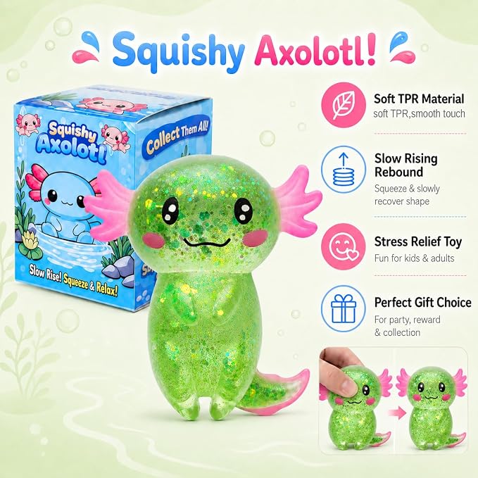 Axolotl Squishy Stress Ball, Soft TPR Slow Rising Squeeze Toy, Cute Axolotl Fidget Toy for Stress Relief, Anxiety Calming Sensory Toy for Kids Adults(Green Long Tail Axolotl)