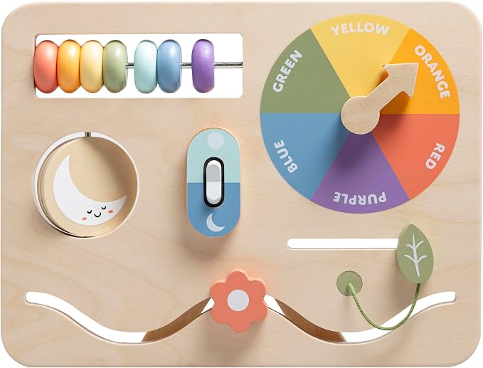 Pearhead Busy Board for Toddlers, Wooden Montessori Sensory Toy | FSC-Certified Design, Built-In Stand, Travel Activities, Color Recognition, Ages 1+