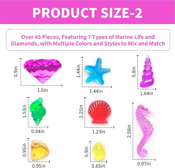 60Pcs Diving Gems Pool Toys Big Colorful Diamonds Set with Treasure Chest | Fake Plastic Acrylic Crystal Seashell & Gemstones, Underwater Mermaid Hunt Pirate Treasure Games for Kids, Purple and Silver