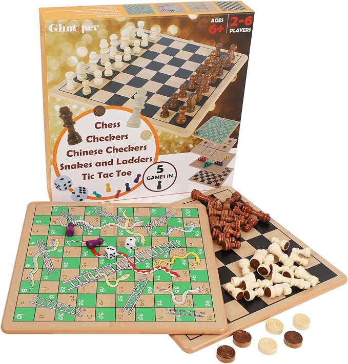 Glintoper 5-in-1 Wooden Board Game with 2 Reversible Boards for Chess, Checkers, Chinese Checkers, Snakes and Ladders, Tic Tac Toe, Tabletop Combo Classic Portable Board Games for Kids to Adult