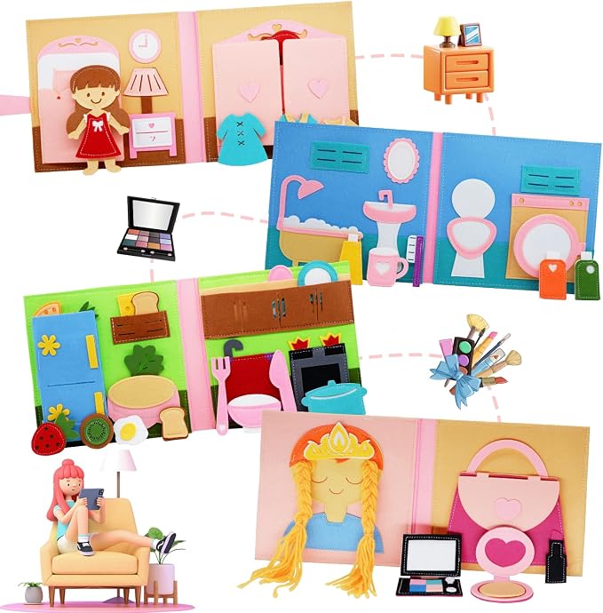 Montessori Felt Busy Book, Pretend Play Toddlers Book for Kids Age 2-4 | Montessori toys, Toddler travel toys, Kids travel essentials, Screen-free activities, Quiet play, Girls Christmas Gift
