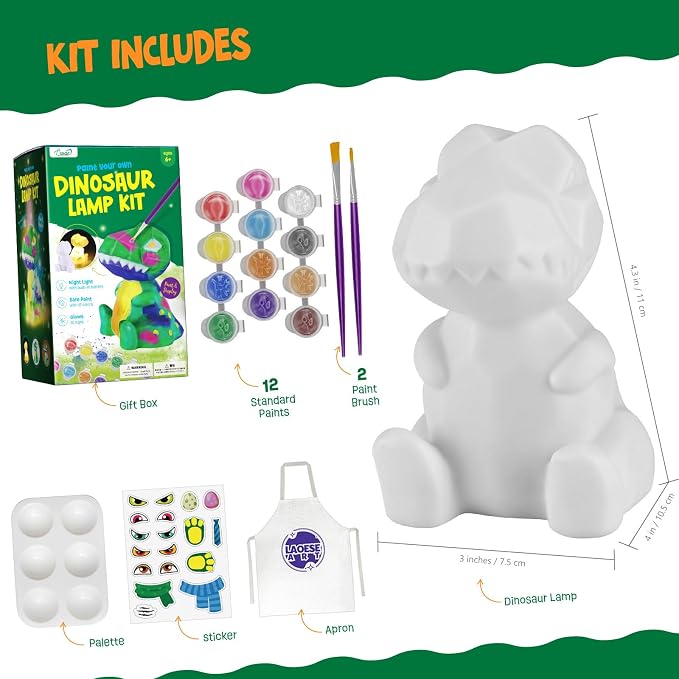 Paint Your Own Dinosaur Lamp Kit, Crafts for Kids Ages 6-12, Gifts for Boys | Dinosaur painting kit with paints and 3D night light; arts and crafts activity and birthday gift for boys ages 6-12