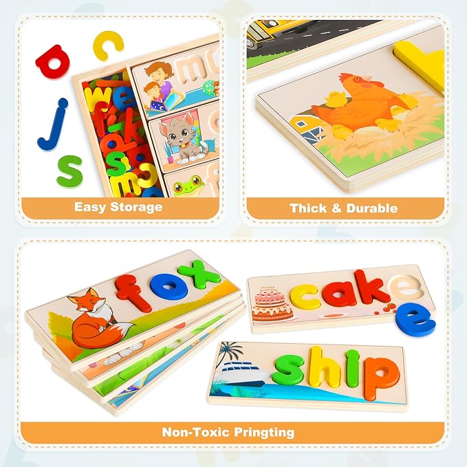 Learning Toys for 3 Year Old, Alphabet Puzzle Spelling Games Preschool | Wooden Alphabet Puzzle with 52 Letter Blocks, CVC Word Matching, Montessori Learning for Preschool Kids Ages 3-5