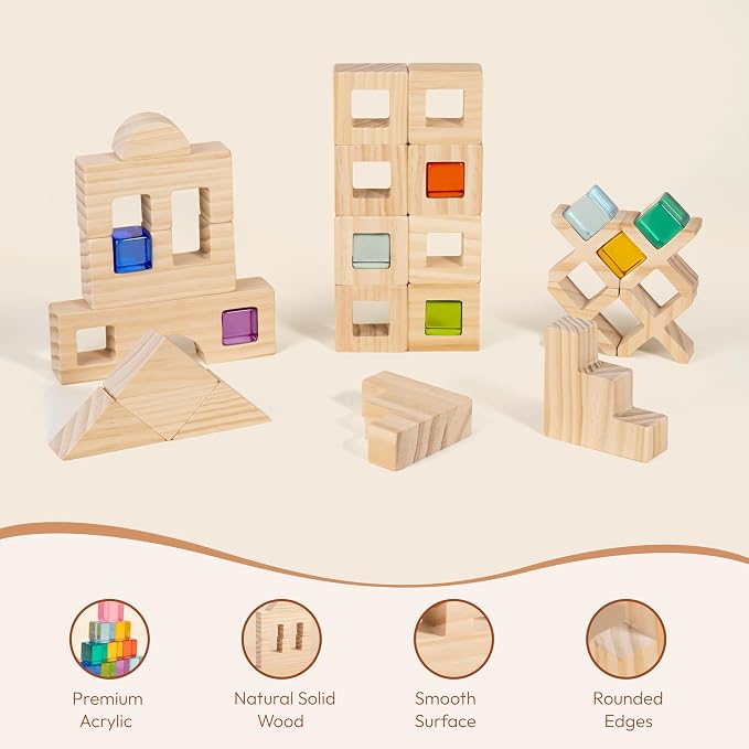 Woodtoe 47 PCS Rainbow Blocks Set, Wooden Building Blocks for Kids Ages 3-6 | Montessori Stacking Blocks Toys, 25 Gem Blocks, 22 Wooden Blocks, Educational STEM Creative Birthday Toys Gifts for Boy Girl