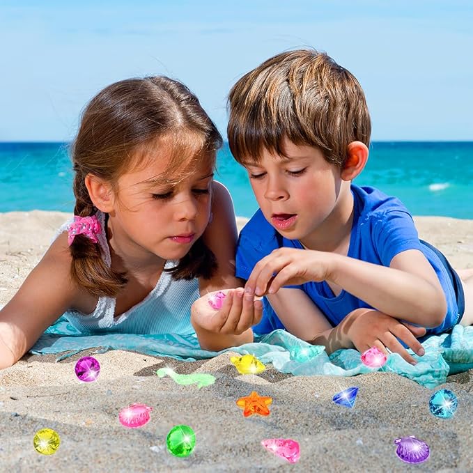 60pcs Diving Gems Pool Toys, Colorful Acrylic Diamond Pirate Treasure | Mermaid Pool Play Set with Mesh Bag, Underwater Gem Diving Toys and Ocean Sensory Bin Filler
