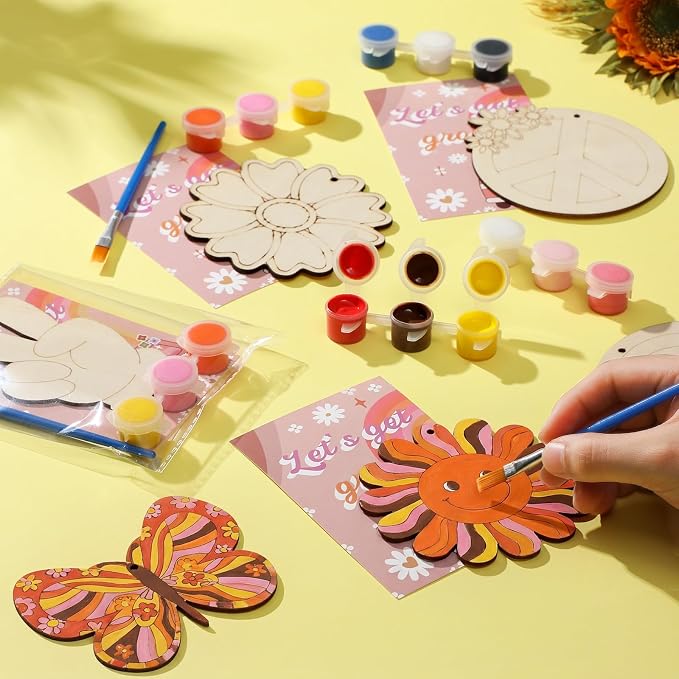 Saypacck 24 Pcs Groovy Boho Hippie Party Favors Wooden Paint Craft Kits | Retro Daisy Rainbow Decorations for Goodie Bags, Bulk Thank You Gifts with Organza Pouch, Boho Hippie Activities for Kids
