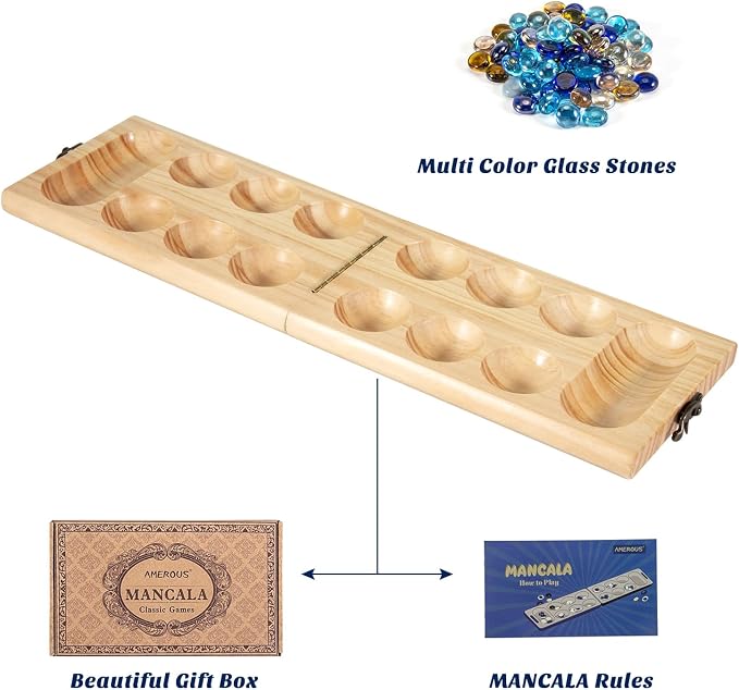 AMEROUS Wooden Mancala Board Game Set - Folding Board - Multi Color Glass Stones - Gift Package - Mancala Instructions, Portable Travel Board Game for Kids and Adults