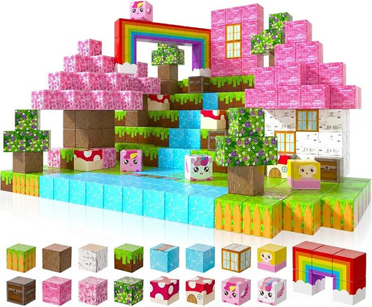 Annexfun Magnetic Blocks - 100PCS Building Blocks Unicorn Cubes - Toys for Montessori Toddler Christmas Birthday Gifts - STEM Sensory Toys for 3 4 9 10 Year Old Girl