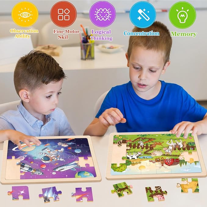Puzzles for Kids Ages 4-6, 24 Pcs Wooden Farm, Animals, Space, and Emergency Vehicle Jigsaw Puzzles for Kids Ages 3-5, Preschool Educational Puzzles Boards Toys Gifts for 3 4 5 6 Boys Girls