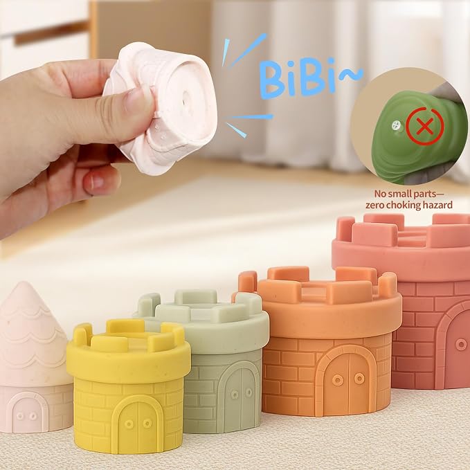 Baby Stacking Cups & Sensory Ball Set, Sensory Toys for Babies | 5 Colored Castle Cups, 3 Textured Balls, Soft Castle Nesting Blocks, Teether, Bath & Travel Play, Gifts for Toddlers 1-3