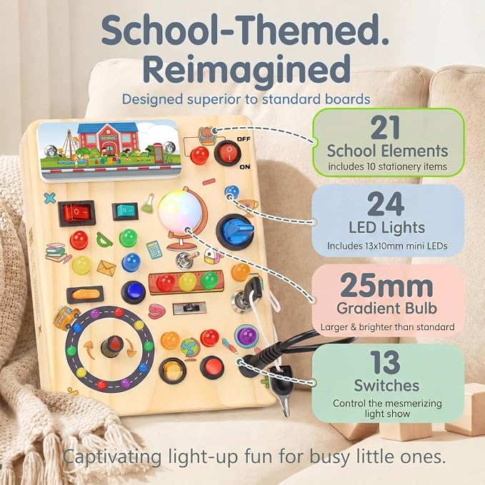 RichBoy Busy Boards, Lights Switch-Style, Wooden, 37-in-1, Medium | Toddlers Birthday Gifts, Montessori Toys, Autism Sensory, Fine Motor Skills, Educational Learning, Travel Essentials