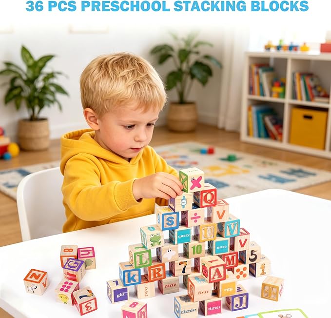 ABC Wooden Building Blocks for Toddlers, Montessori Alphabet & Number Learning Toy for Kid, 36 PCS Preschool Stacking Blocks with Matching Cards for Spelling, Counting, Sorting, Fine Motor Skills