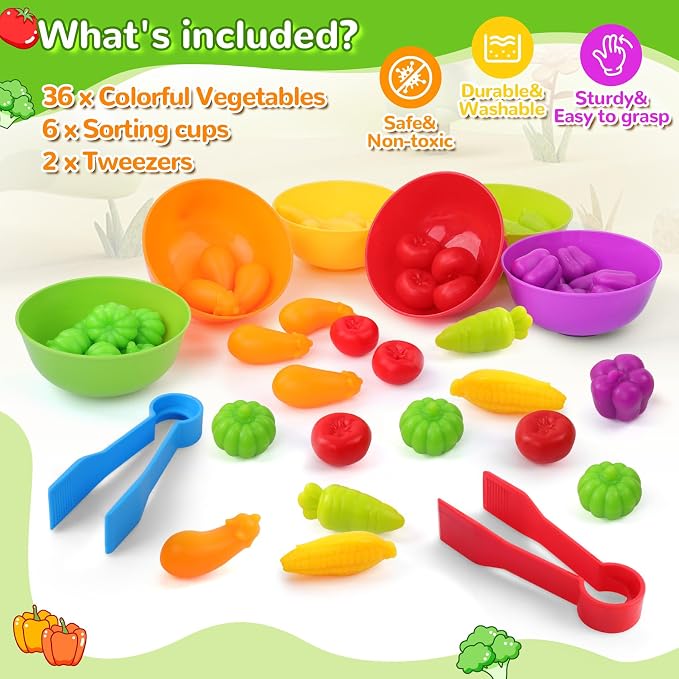 USATDD Counting Vegetables Color Sorting Matching Games with Bowls Preschool Learning Activities Sensory Toys Montessori Toys Birthday for Toddlers Kids Boys Girls Aged 3 4 5