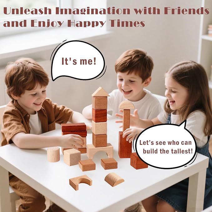 Adena Montessori 29-Piece Wooden Blocks Set, 3+ | Natural wood, 29 geometric solids for sorting, stacking & building. Boosts spatial reasoning & motor skills.