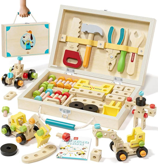 Lehoo Castle Kids Tool Set, Wooden Montessori Toys for 3 4 5 Years Old Boy | Portable Tool Box for Pretend Play, Construction Learning Play Tools 49PCS, STEM Toys for Preschooler