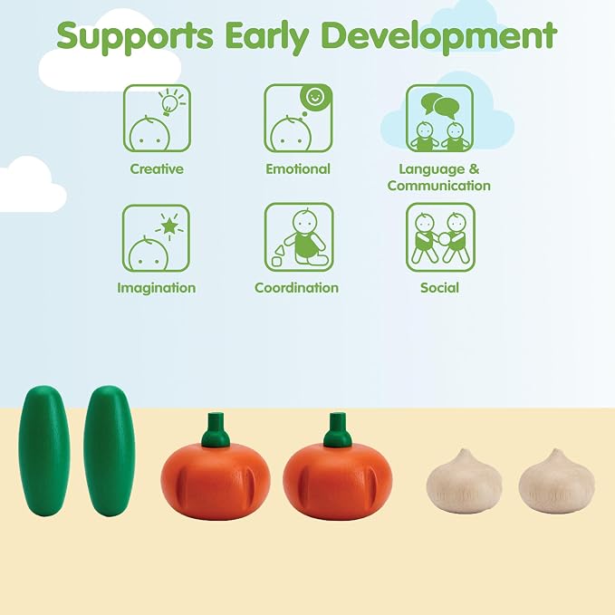 PlanToys® Wooden Fresh Produce Cucumbers, Onions & Pumpkins Sliceable Kids | slicing, knife, fruits and vegetables toys, pretend food, girls, boys, fine motor role play, imaginative social gift set