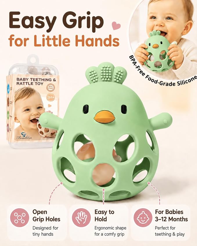 Tinabless 2-in-1 Baby Teether Rattle Toy, Easy Grip Silicone Teething Toy for Babies 3-12 Months, BPA-Free Sensory Chew Toy for Sore Gums, Infant Shower Gift (Green w/Rattle)