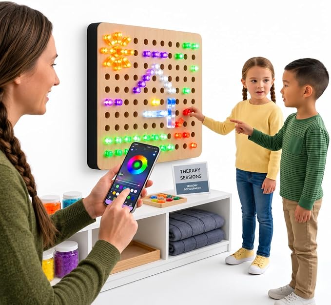 Wooden LED Peg Board Wall Toy for Kids with 64 Pegs | APP Controlled, IR Remote Controlled