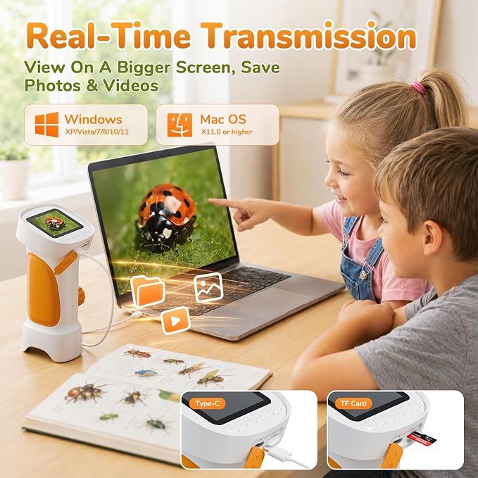 1000X Handheld Digital Microscope for Kids with 2.4" IPS Screen (Orange) | Portable Educational STEM Microscope Toy with Photo/Video, 8 LEDs, Manual Focus, Rechargeable for Ages 4-12 Boys & Girls