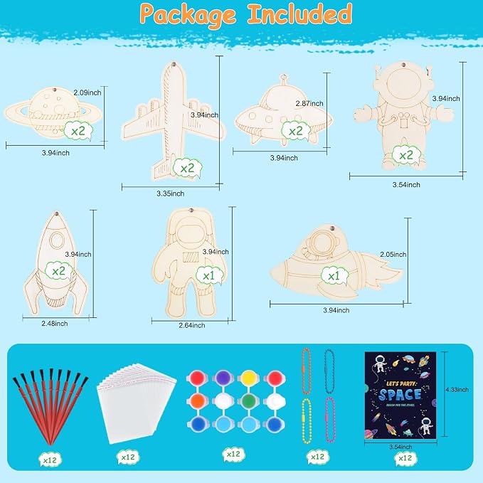JOTIKO 12 Pack Space Party Favors - Wooden Keychains Painting Kits Toy Arts Crafts for Kids, Out Space Astronaut Birthday Party Return Gifts Activities Goodie Bag Stuffers Classroom Prize Exchange
